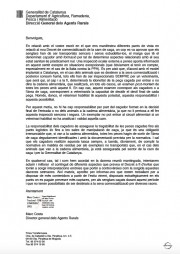 CARTA DE LA GENERALITAT DE CATALUNYA MATITZANT DIFERENTS ASPECTES SOBRE EL DECRET DE COMERCIALITZACI